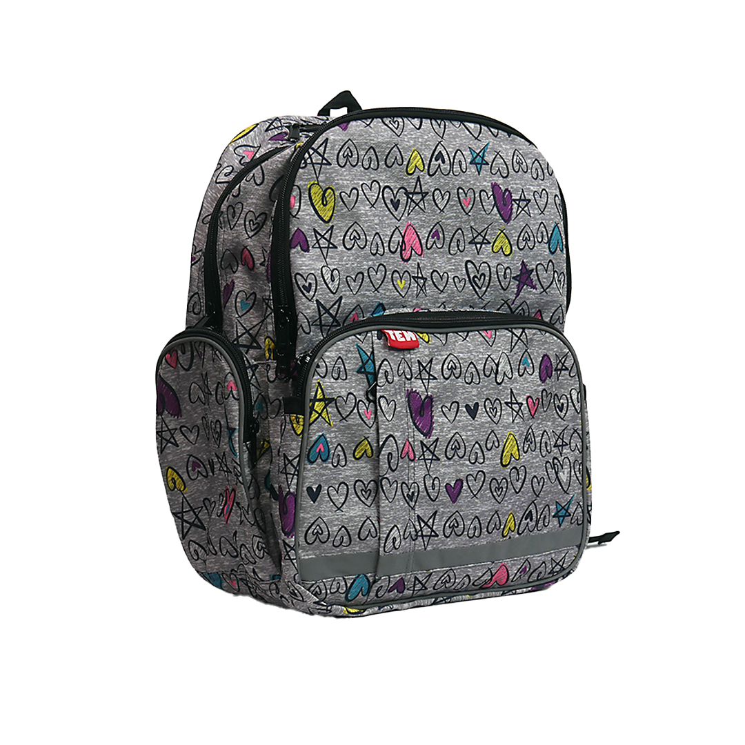 Large Schoolbag Doodles on Grey Black Zipper