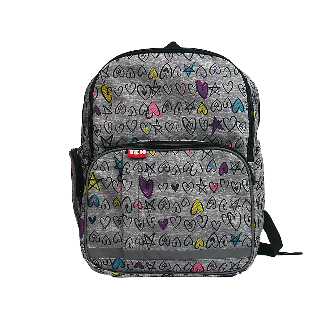 Large Schoolbag Doodles on Grey Black Zipper